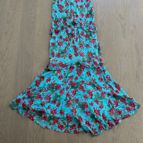 SALONI Rita Silk Maxi Dress Teal Blue Aquarium Floral Ruffle Sleeveless - US 2 - Picture 7 of 12
